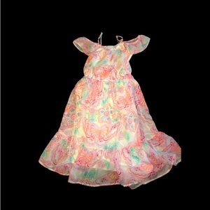 Cottagecore White Rainbow Butterfly Floral‎ High Low Flowy Dress Sz 7/8